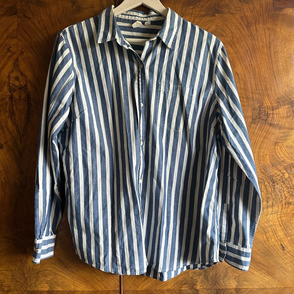 GAP Blue and White Vertical Stripe Casual Button-Down Shirt